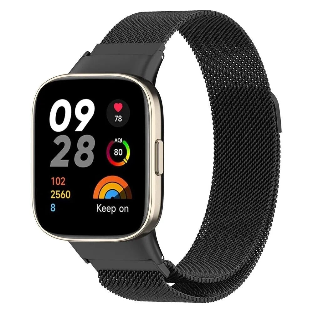 Milanese Strap, black, on a watch, 3/4 front view