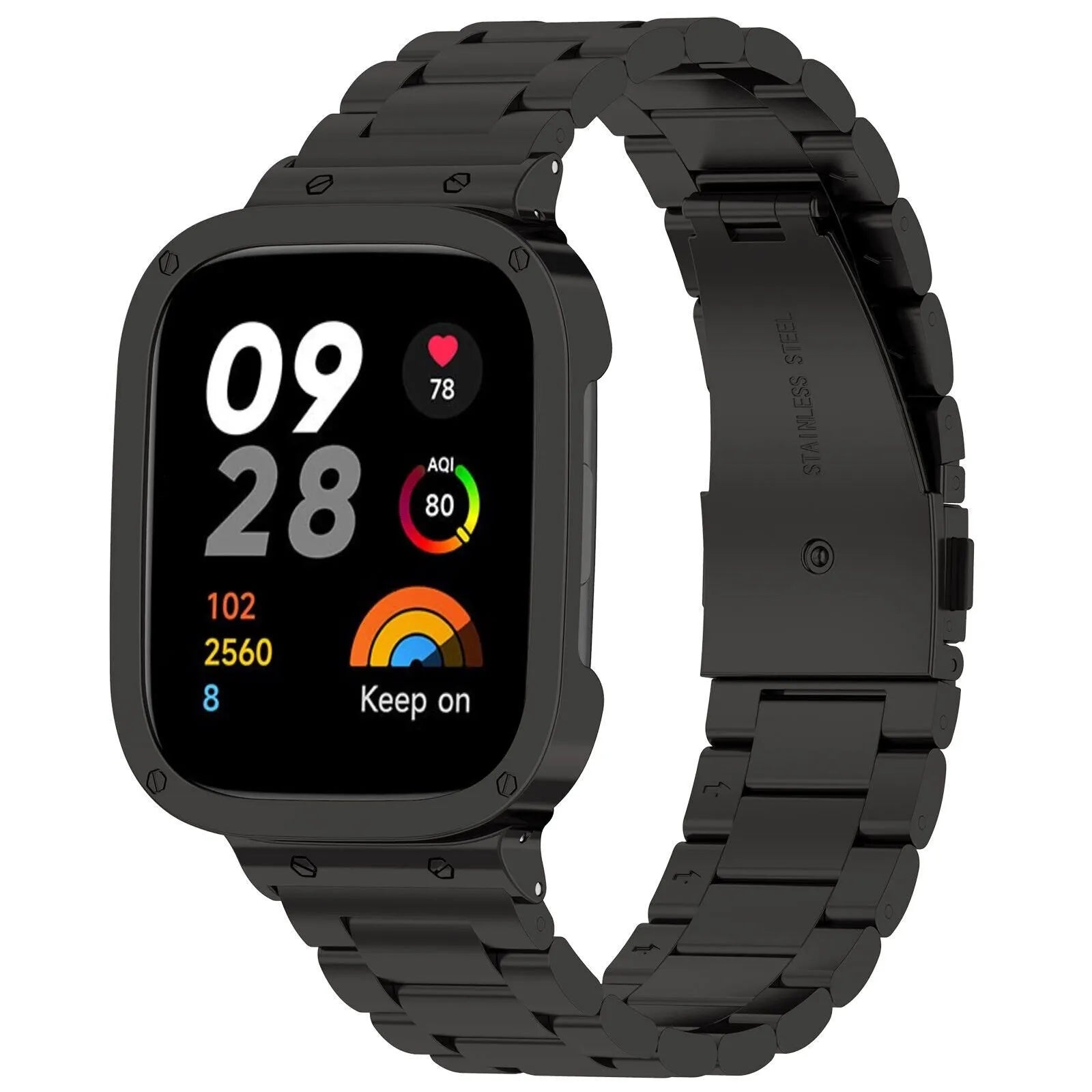 Steel Strap, black, on a watch, 3/4 front view