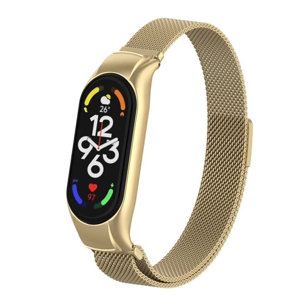 Milanese Strap, gold, on a watch, 3/4 front view