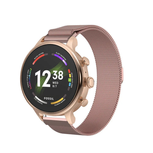 Milanese Strap, pink, on a watch, 3/4 front view