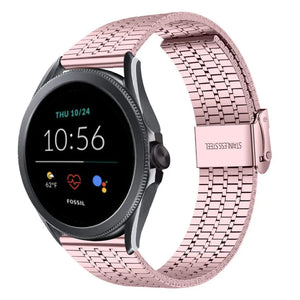 Fine Steel Strap, pink, on a watch, 3/4 front view