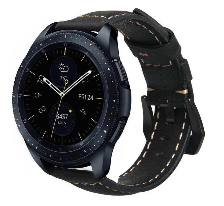 Leather Strap, black, on a watch, 3/4 front view