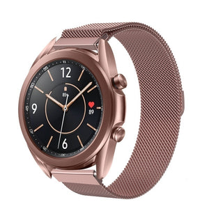 Milanese Strap, pink, on a watch, 3/4 front view
