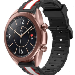 Silicone Special Edition Strap, black/white, on a watch, 3/4 front view