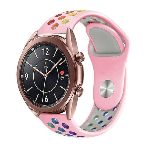 Silicone Sport Strap, pink/colourful, on a watch, 3/4 front view