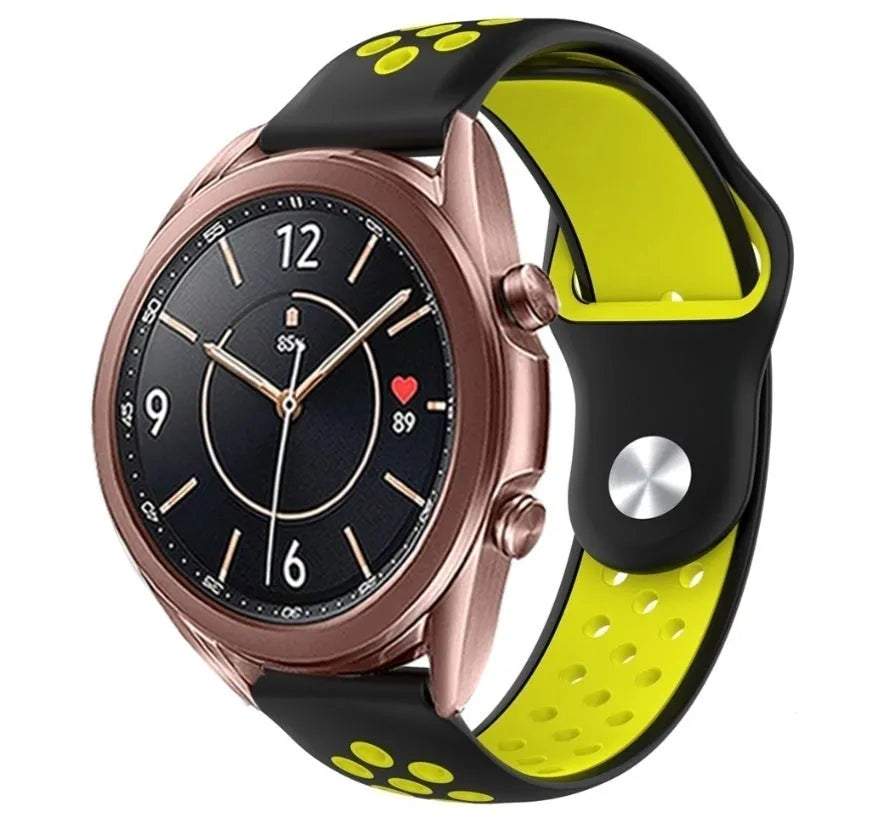 Silicone Sport Strap, black/yellow, on a watch, 3/4 front view