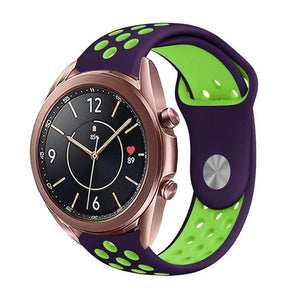 Silicone Sport Strap, purple/green, on a watch, 3/4 front view