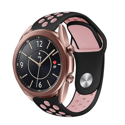 Silicone Sport Strap, black/pink, on a watch, 3/4 front view