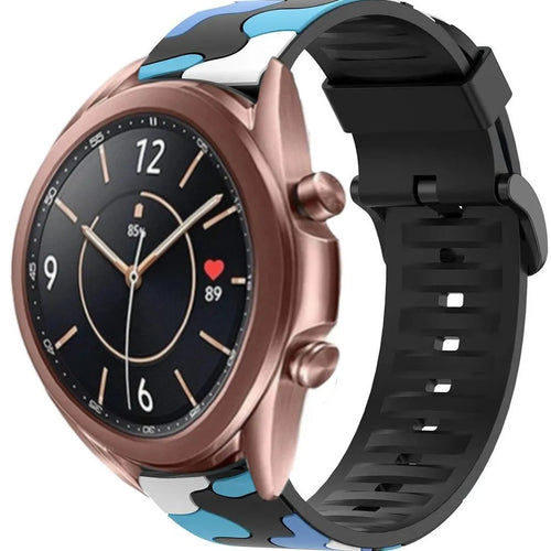 Silicone Camo Strap, blue, on a watch, 3/4 front view