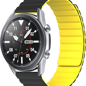 Magnetic Silicone Strap, black/yellow, on a watch, 3/4 front view