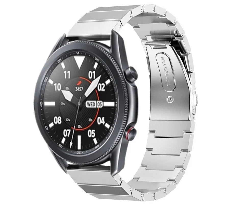 Premium Metal Strap, silver, on a watch, 3/4 front view