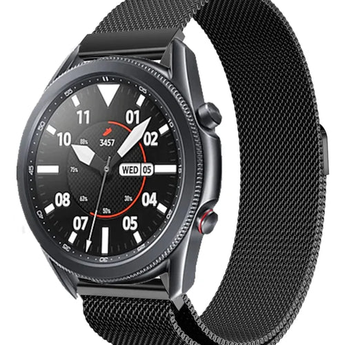 Milanese Strap, black, on a watch, 3/4 front view