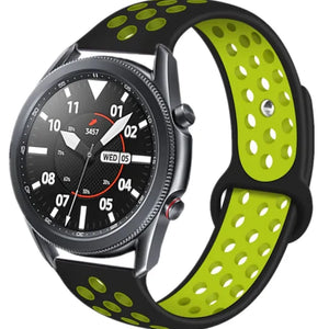 Silicone Sport Strap, black/yellow, on a watch, 3/4 front view