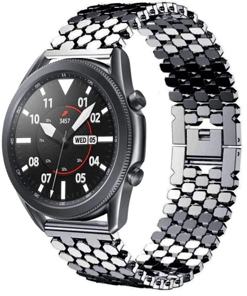 Steel Strap Hexagons, black, on a watch, 3/4 front view
