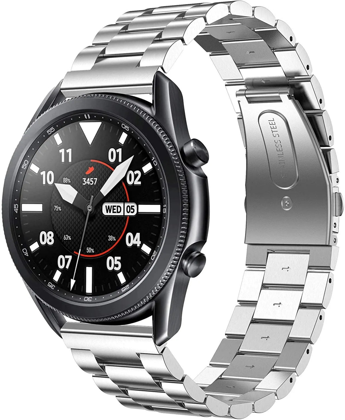 Steel Strap, silver, on a watch, 3/4 front view