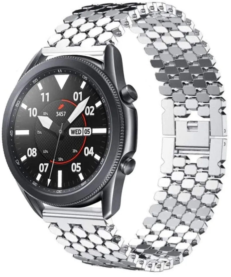 Steel Strap Hexagons, silver, on a watch, 3/4 front view