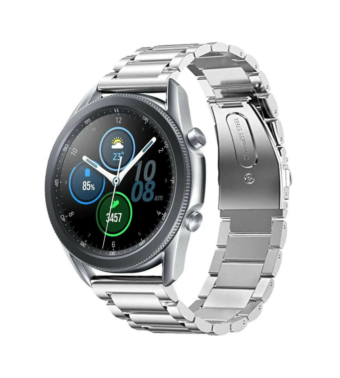 Titanium Strap, silver, on a watch, 3/4 front view
