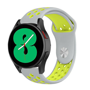 Silicone Sport Strap, grey/yellow, on a watch, 3/4 front view
