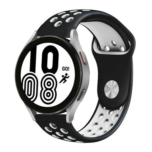 Silicone Sport Strap, black/white, on a watch, 3/4 front view