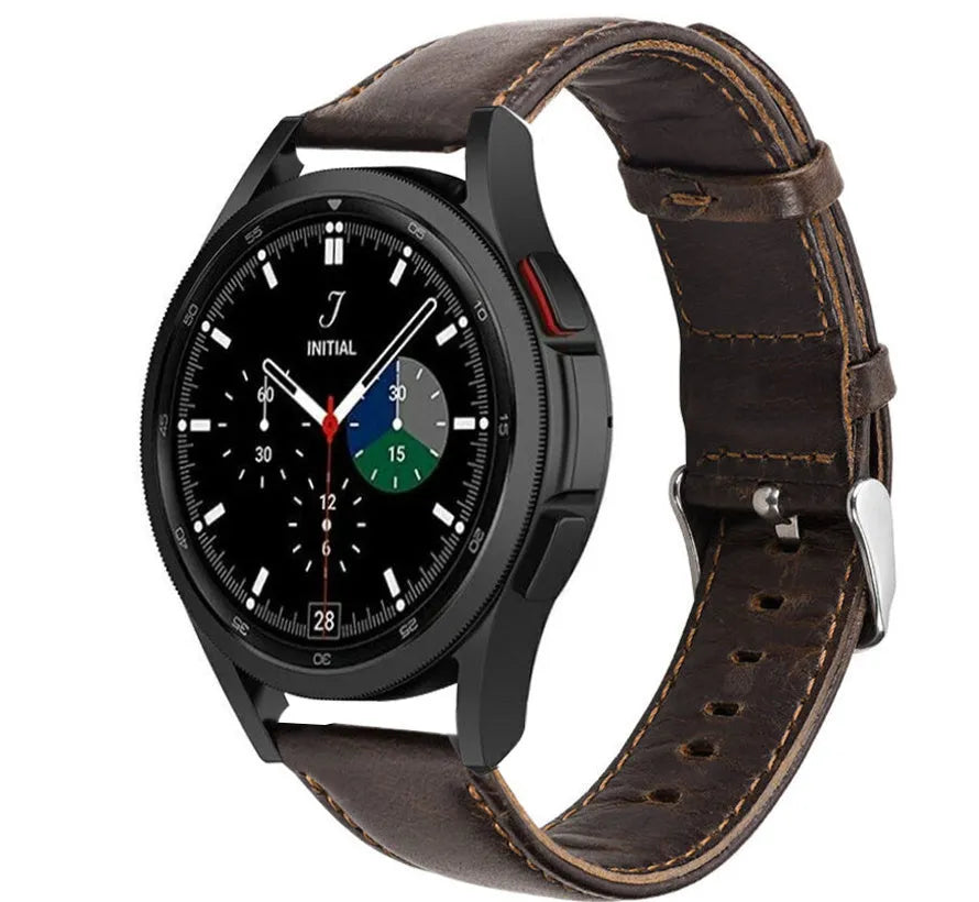 Leather Strap, dark brown, on a watch, 3/4 front view