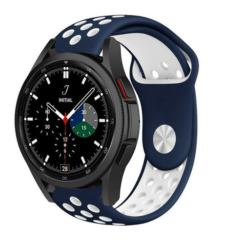 Silicone Sport Strap, blue/white, on a watch, 3/4 front view