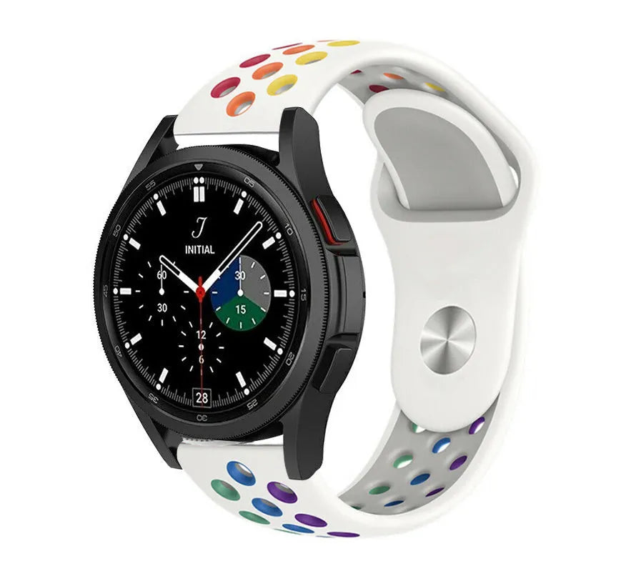 Silicone Sport Strap, white/colourful, on a watch, 3/4 front view