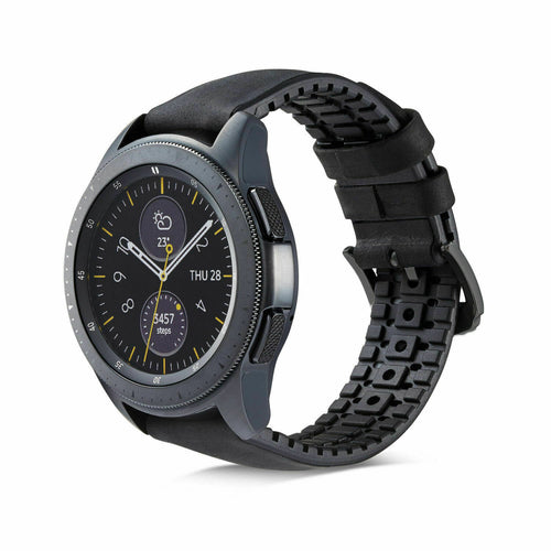 Leather Hybrid Strap, black, on a watch, 3/4 front view