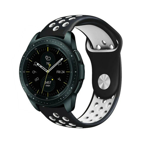 Silicone Sport Strap, black/white, on a watch, 3/4 front view