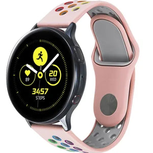 Silicone Sport Strap, pink/colourful, on a watch, 3/4 front view