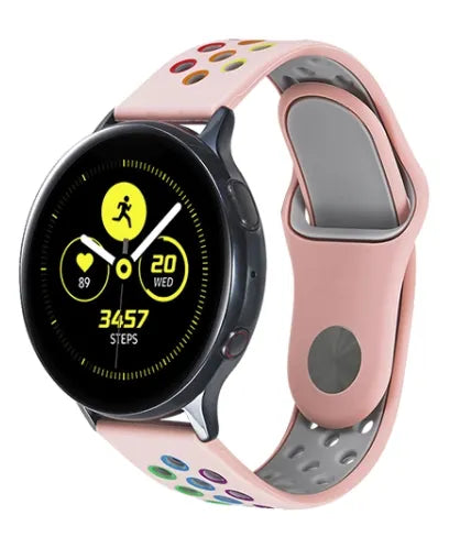 Silicone Sport Strap, pink/colourful, on a watch, 3/4 front view