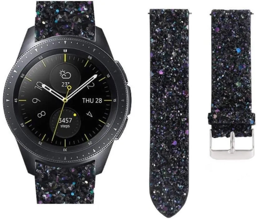 Leather Strap with Glitters, black, on a watch, 3/4 front view