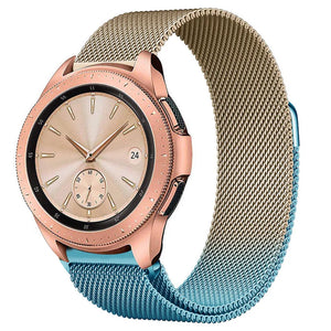 Milanese Strap, blue/gold, on a watch, 3/4 front view