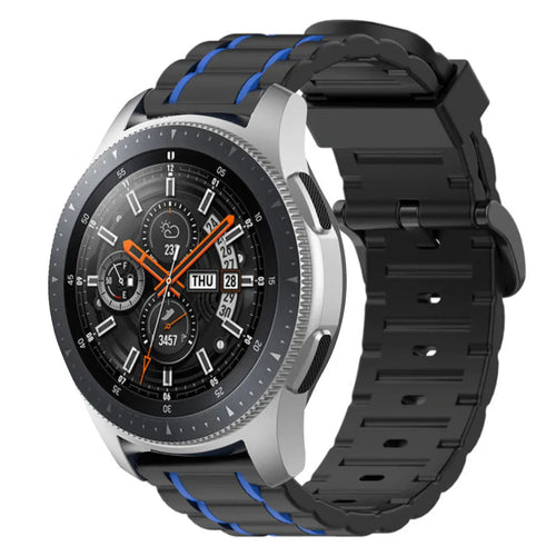 Silicone Sport Strap with Buckle, black/blue, on a watch, 3/4 front view