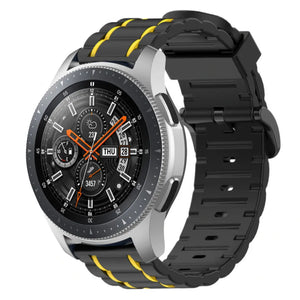 Silicone Sport Strap with Buckle, black/yellow, on a watch, 3/4 front view