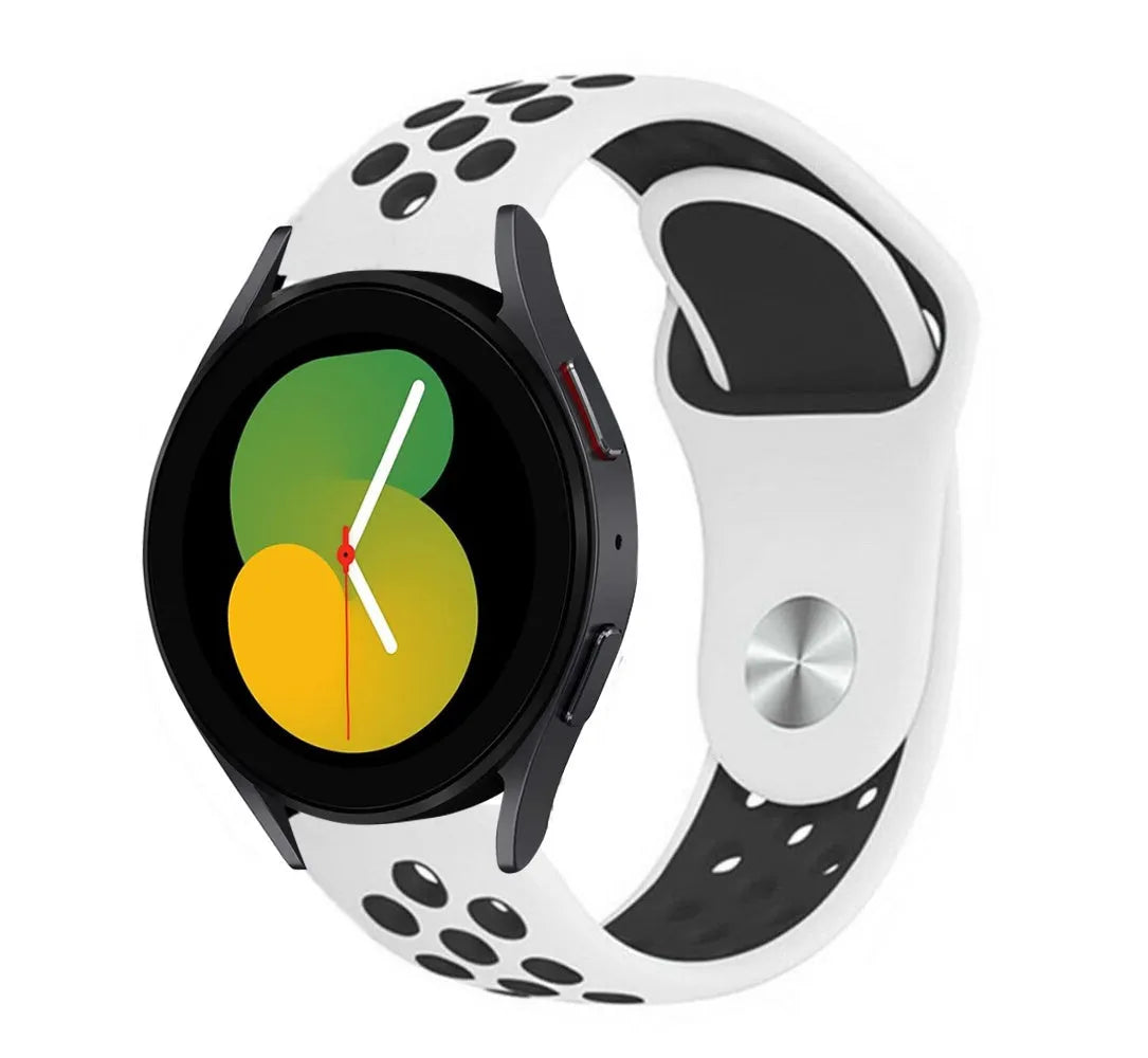Silicone Sport Strap, white/black, on a watch, 3/4 front view