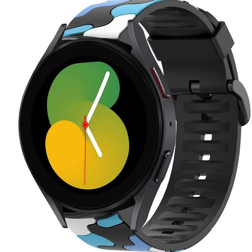 Silicone Camo Strap, blue, on a watch, 3/4 front view