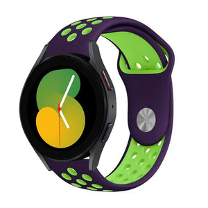 Silicone Sport Strap, purple/green, on a watch, 3/4 front view