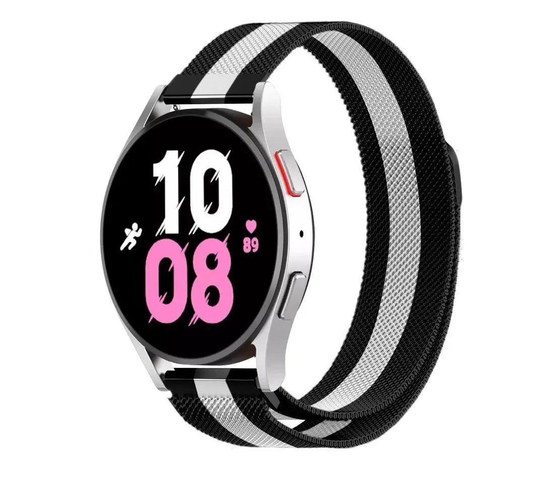 Milanese Strap, black/white, on a watch, 3/4 front view