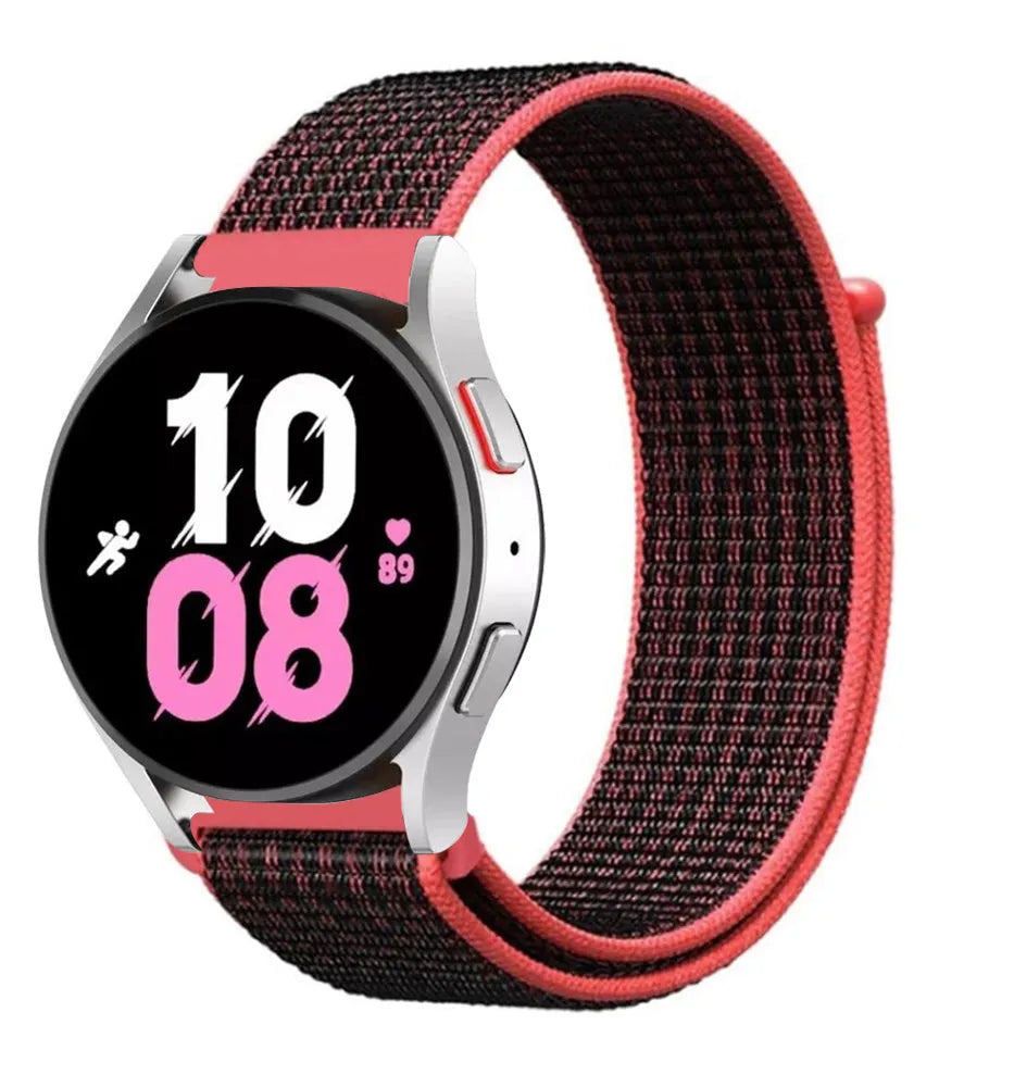Nylon Strap, black/coral, on a watch, 3/4 front view