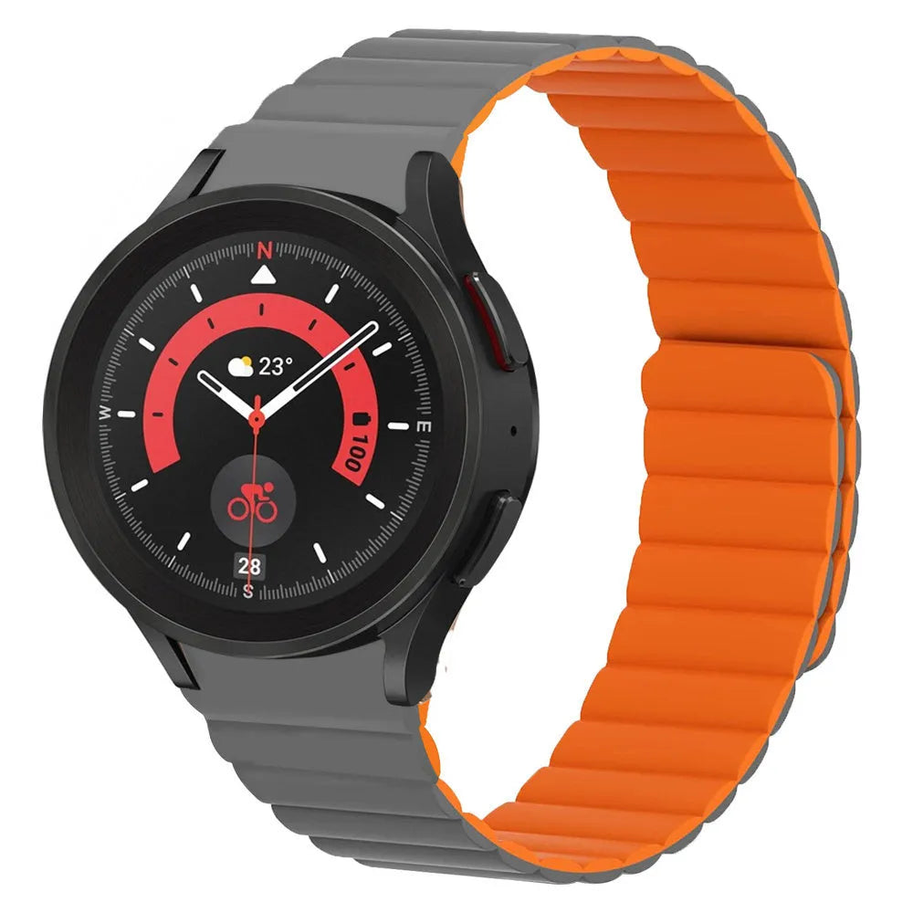 Magnetic Silicone Strap, grey/orange, on a watch, 3/4 front view