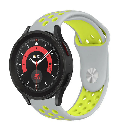 Silicone Sport Strap, grey/yellow, on a watch, 3/4 front view