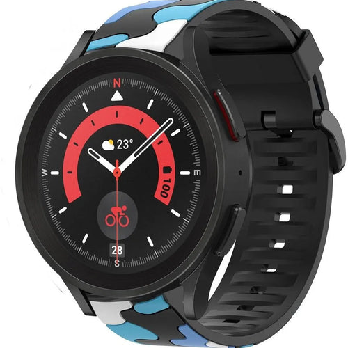 Silicone Camo Strap, blue, on a watch, 3/4 front view