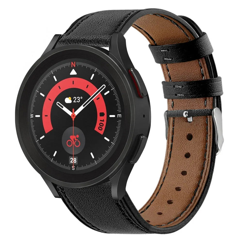 Modern Leather Strap, black, on a watch, 3/4 front view