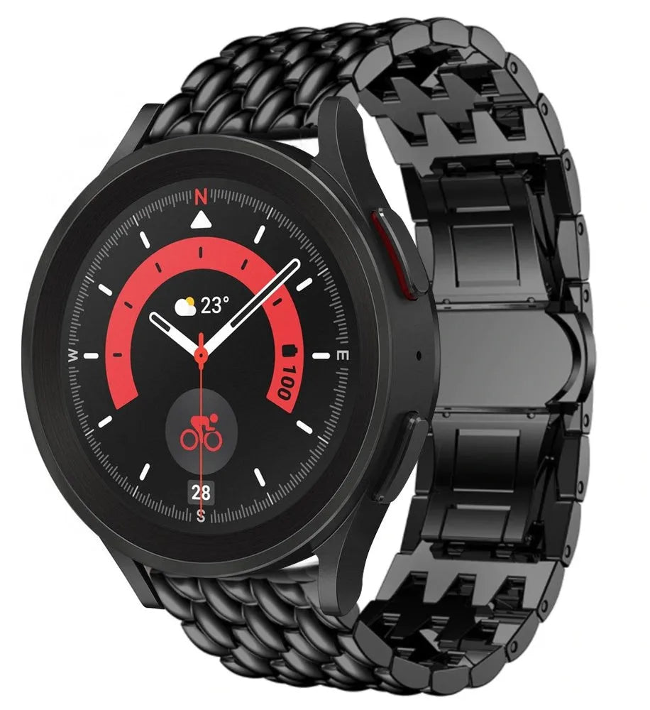 Steel Dragon Strap, black, on a watch, 3/4 front view