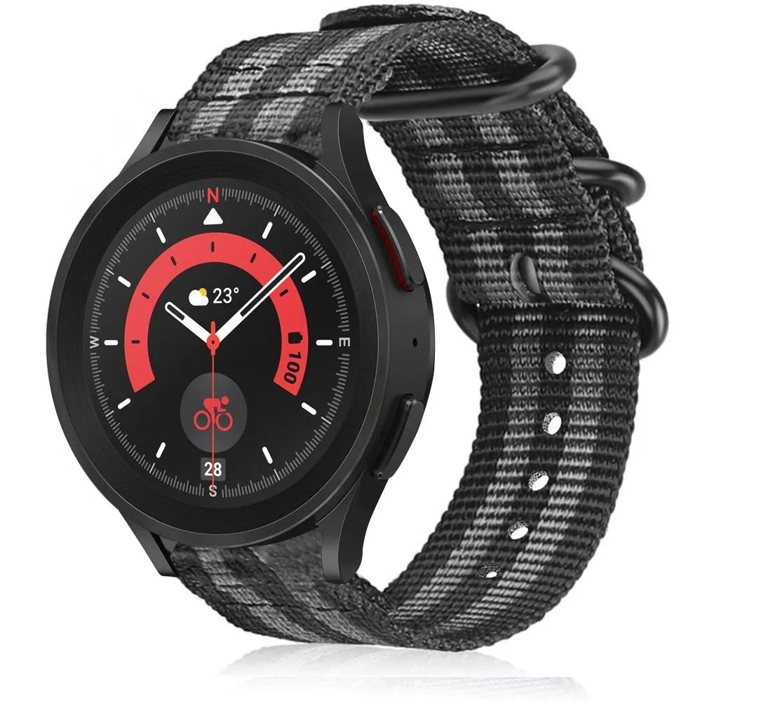 Nylon Buckle Strap, black/grey, on a watch, 3/4 front view