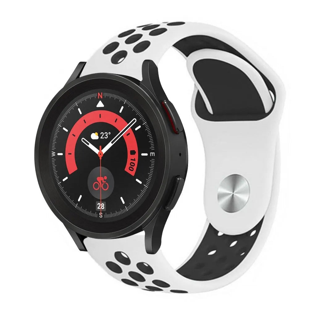 Silicone Sport Strap, white/black, on a watch, 3/4 front view