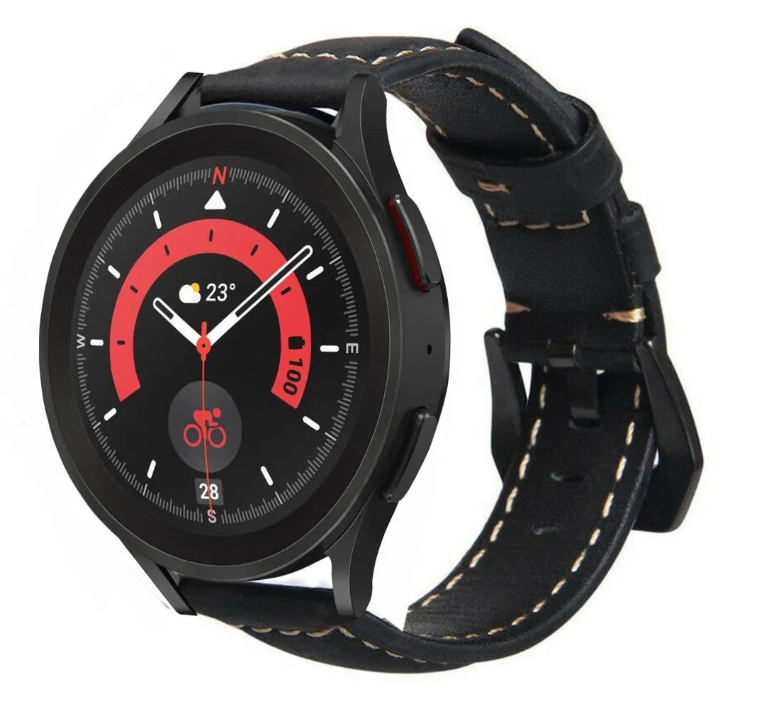Leather Strap, black, on a watch, 3/4 front view