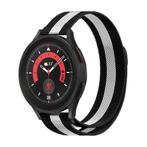 Milanese Strap, black/white, on a watch, 3/4 front view