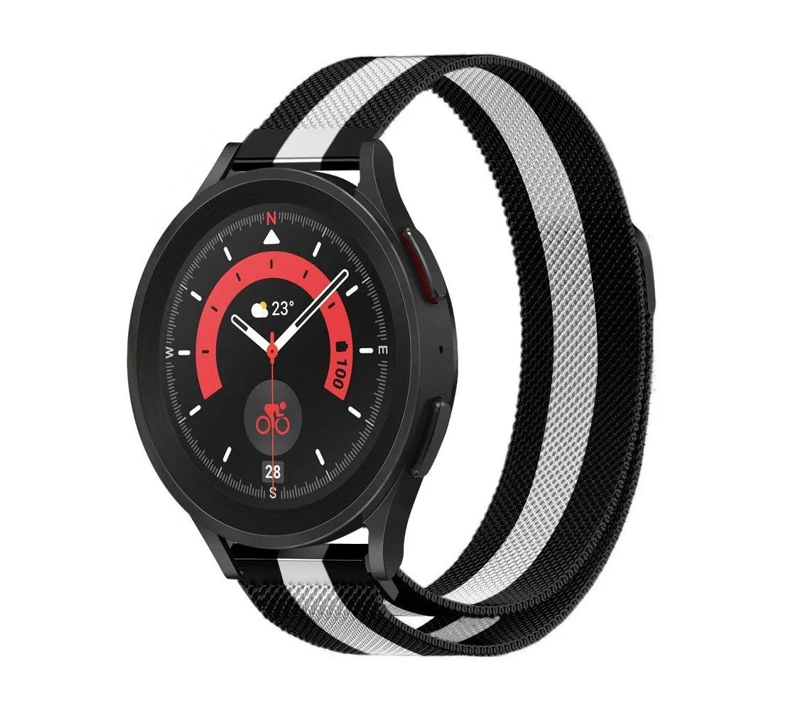 Milanese Strap, black/white, on a watch, 3/4 front view