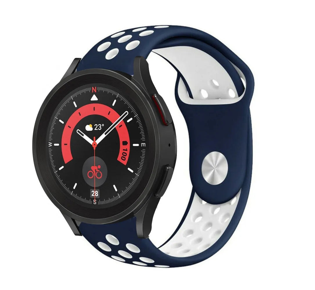 Silicone Sport Strap, blue/white, on a watch, 3/4 front view